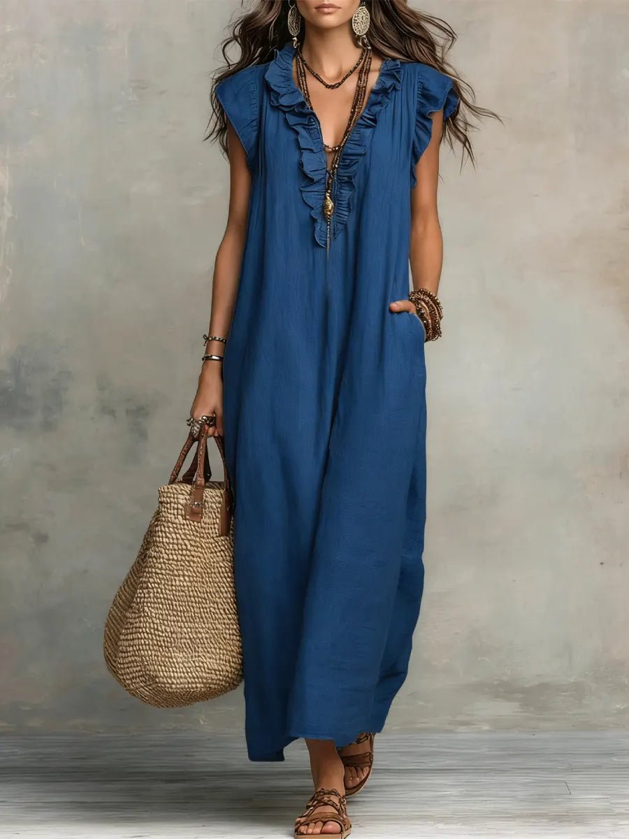 Women's V-Neck Ruffle Flutter Sleeve Linen Maxi Dress - Blue