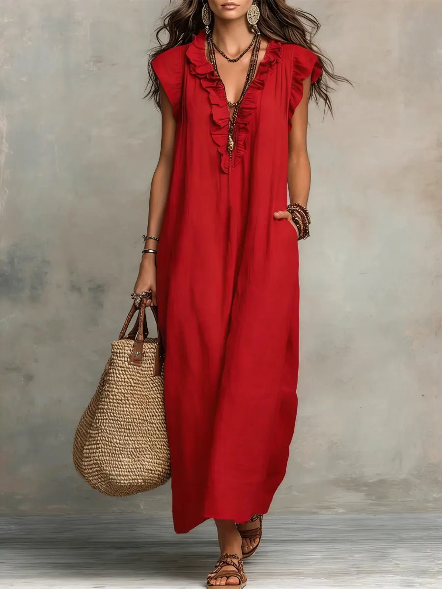 Women's V-Neck Ruffle Flutter Sleeve Linen Maxi Dress - Red