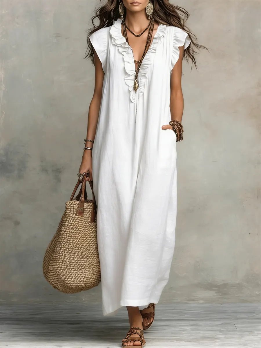 Women's V-Neck Ruffle Flutter Sleeve Linen Maxi Dress - White