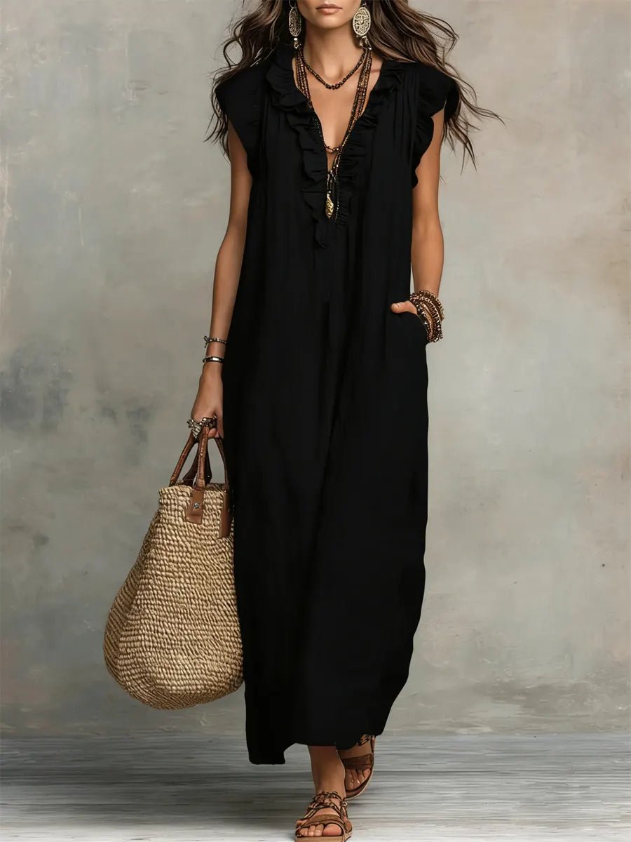 Women's V-Neck Ruffle Flutter Sleeve Linen Maxi Dress - Black