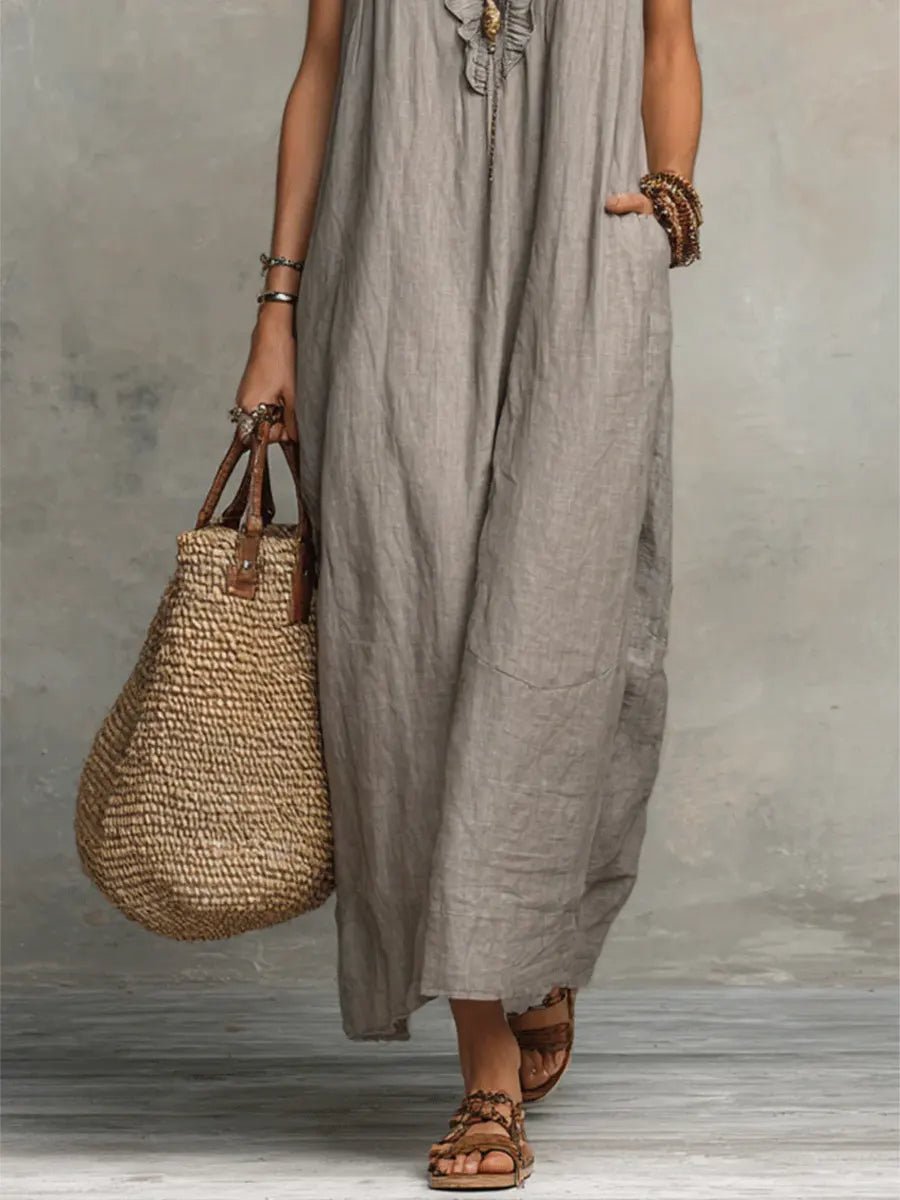 Women's V-Neck Ruffle Flutter Sleeve Linen Maxi Dress