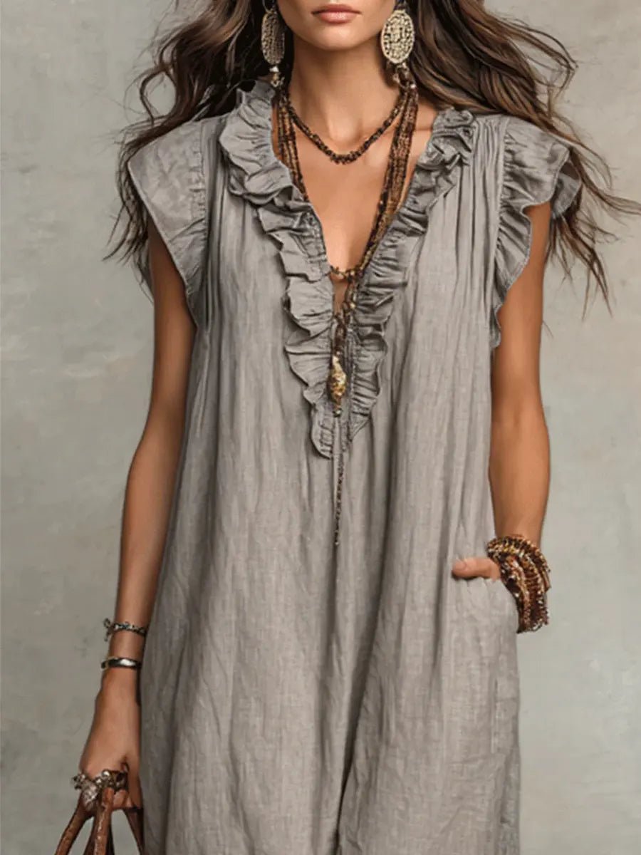 Women's V-Neck Ruffle Flutter Sleeve Linen Maxi Dress