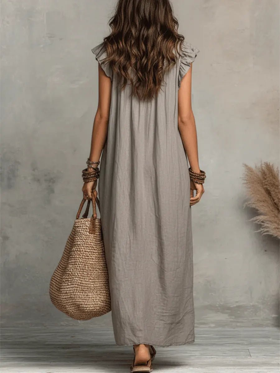 Women's V-Neck Ruffle Flutter Sleeve Linen Maxi Dress