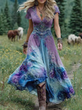 Women's V-Neck Short Sleeve Floral Maxi Dress - Purple
