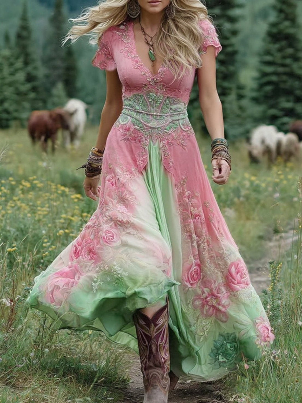 Women's V-Neck Short Sleeve Floral Maxi Dress - Pink