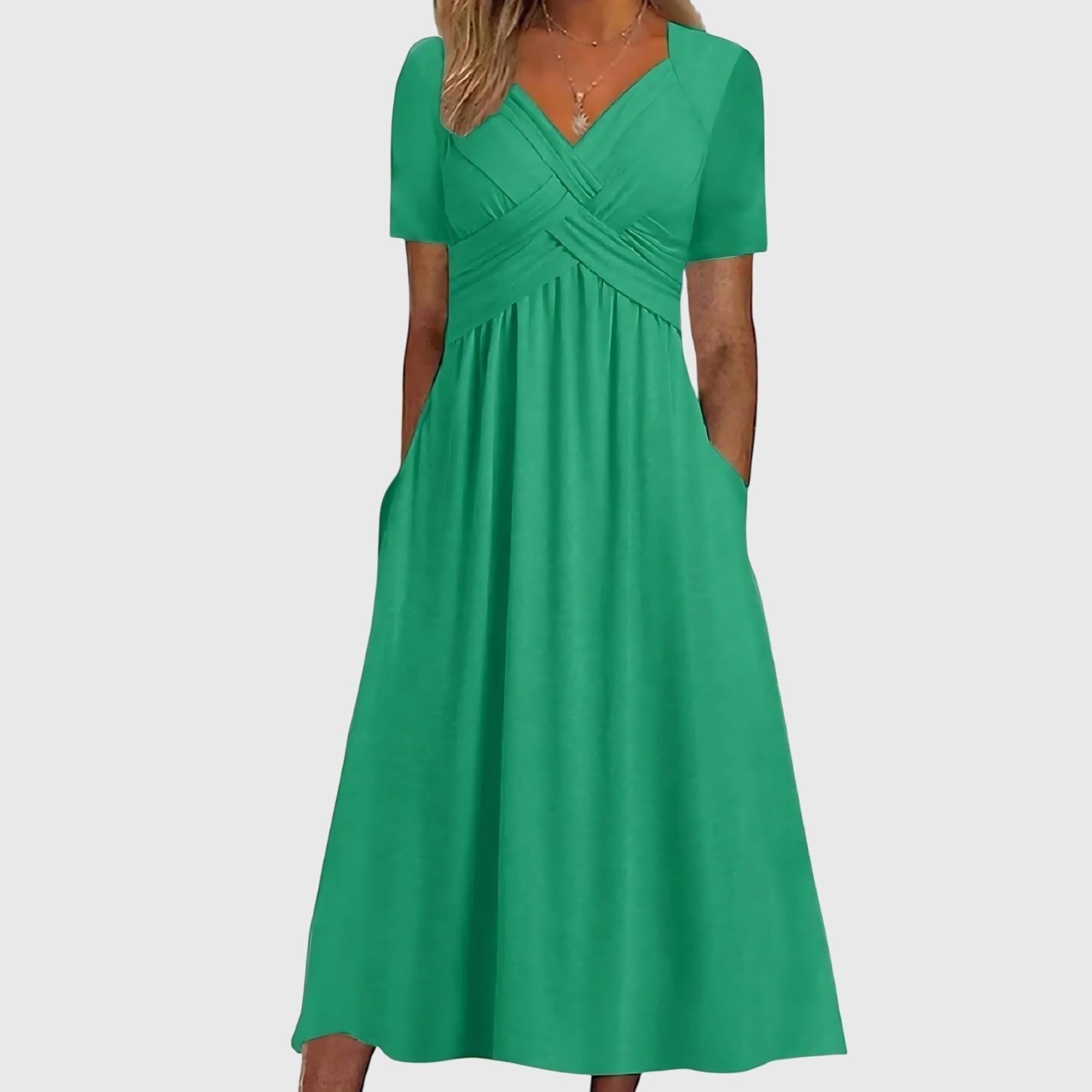 Women's V-Neck Short-Sleeve Tummy Control Midi Dress - Green
