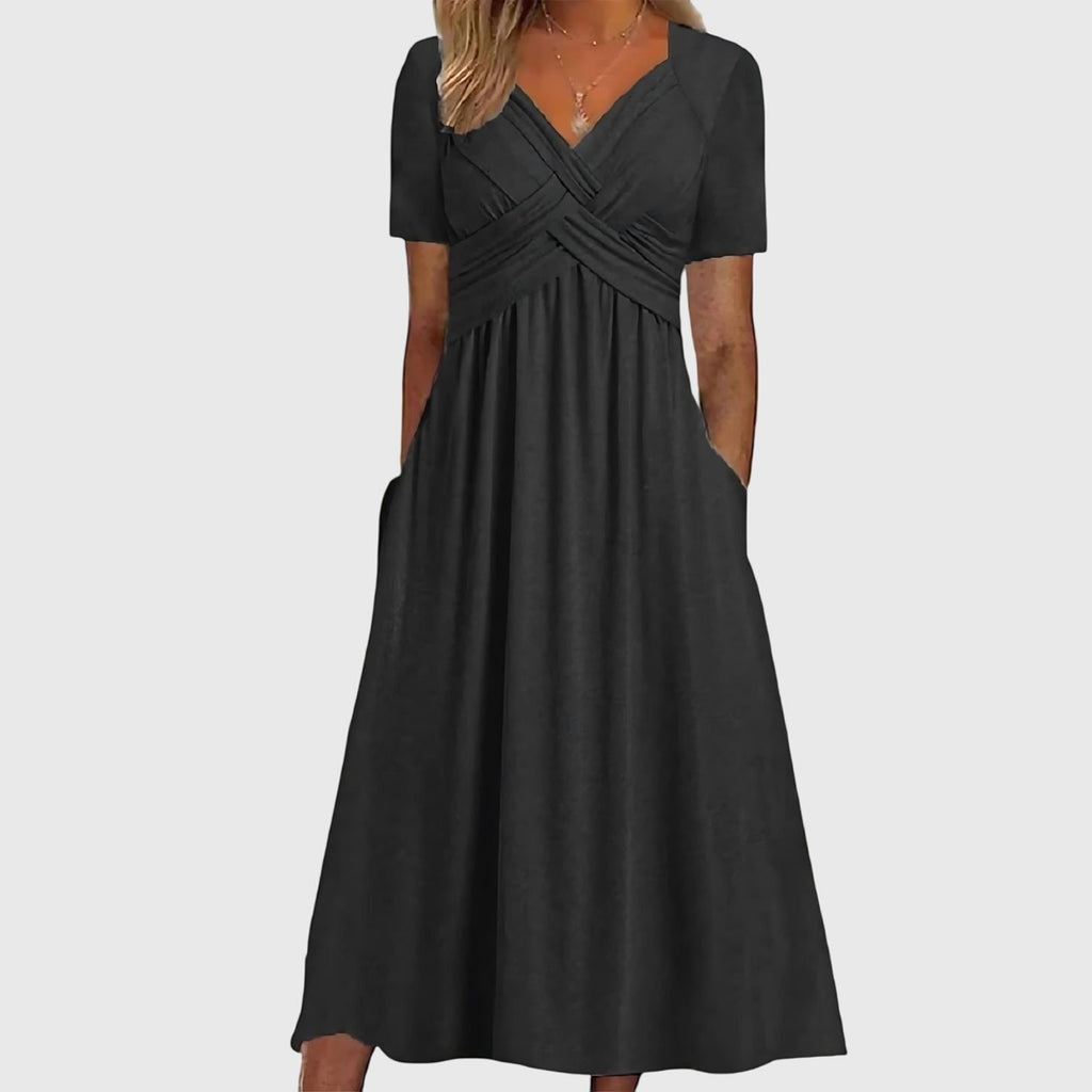 Women's V-Neck Short-Sleeve Tummy Control Midi Dress - Black