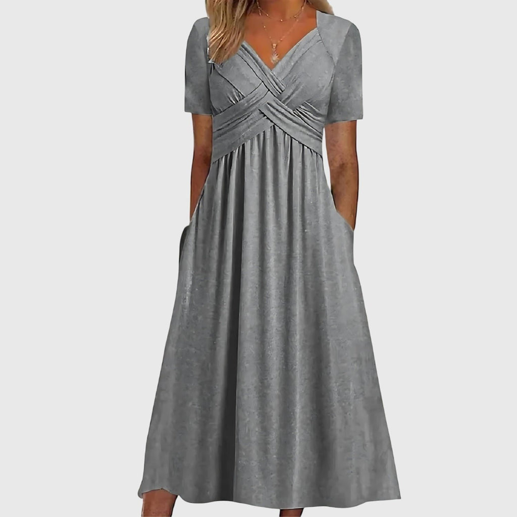 Women's V-Neck Short-Sleeve Tummy Control Midi Dress - Gray