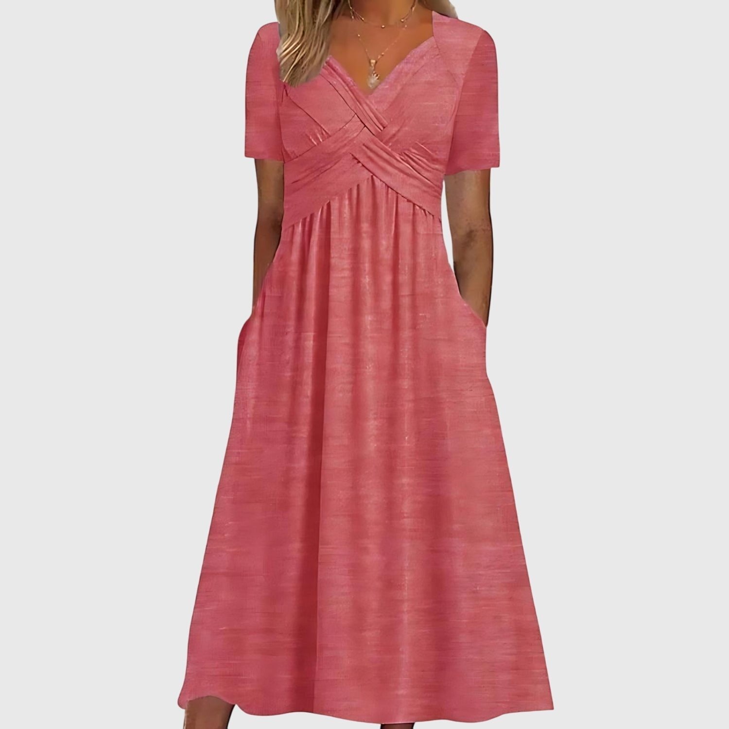 Women's V-Neck Short-Sleeve Tummy Control Midi Dress - Pink