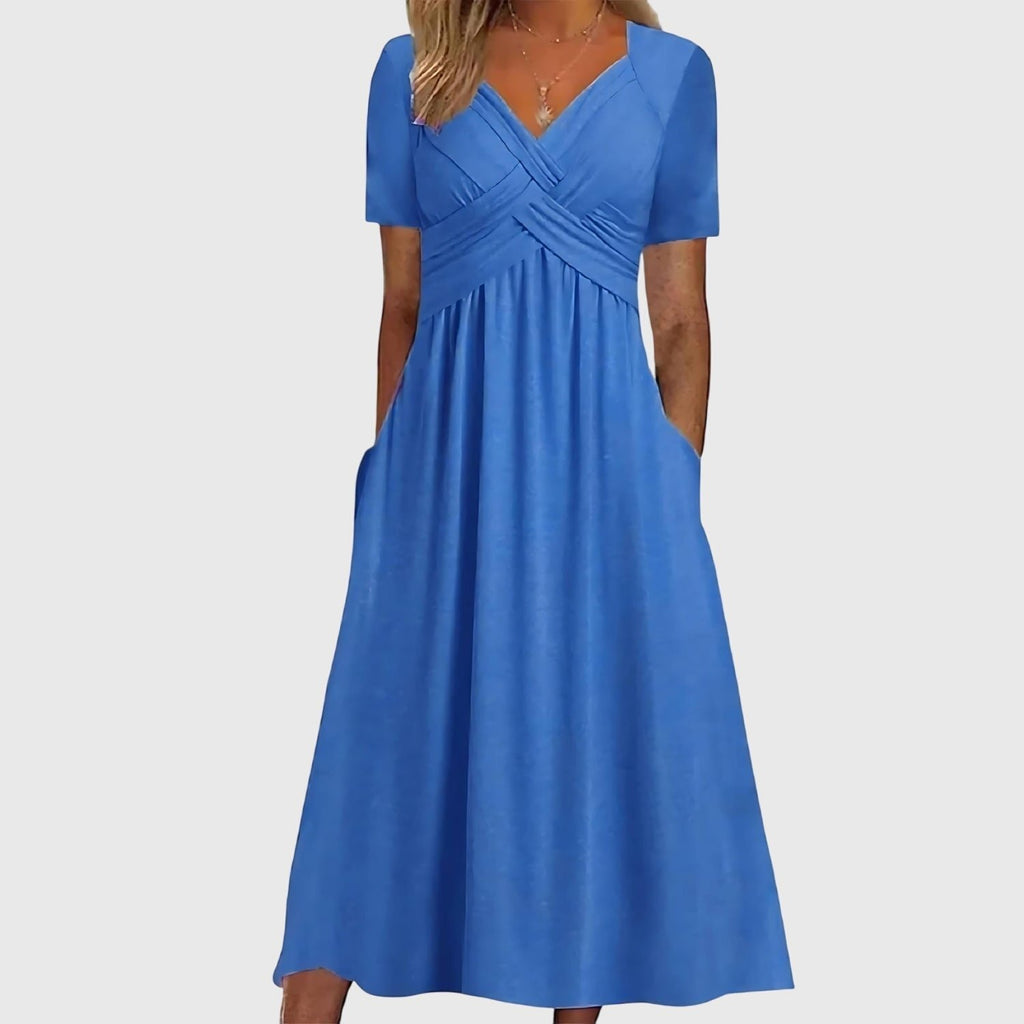 Women's V-Neck Short-Sleeve Tummy Control Midi Dress - Blue