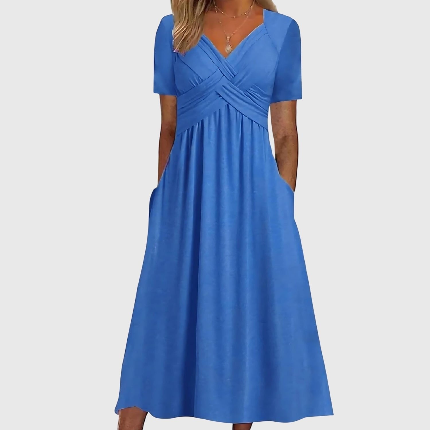 Women's V-Neck Short-Sleeve Tummy Control Midi Dress - Blue