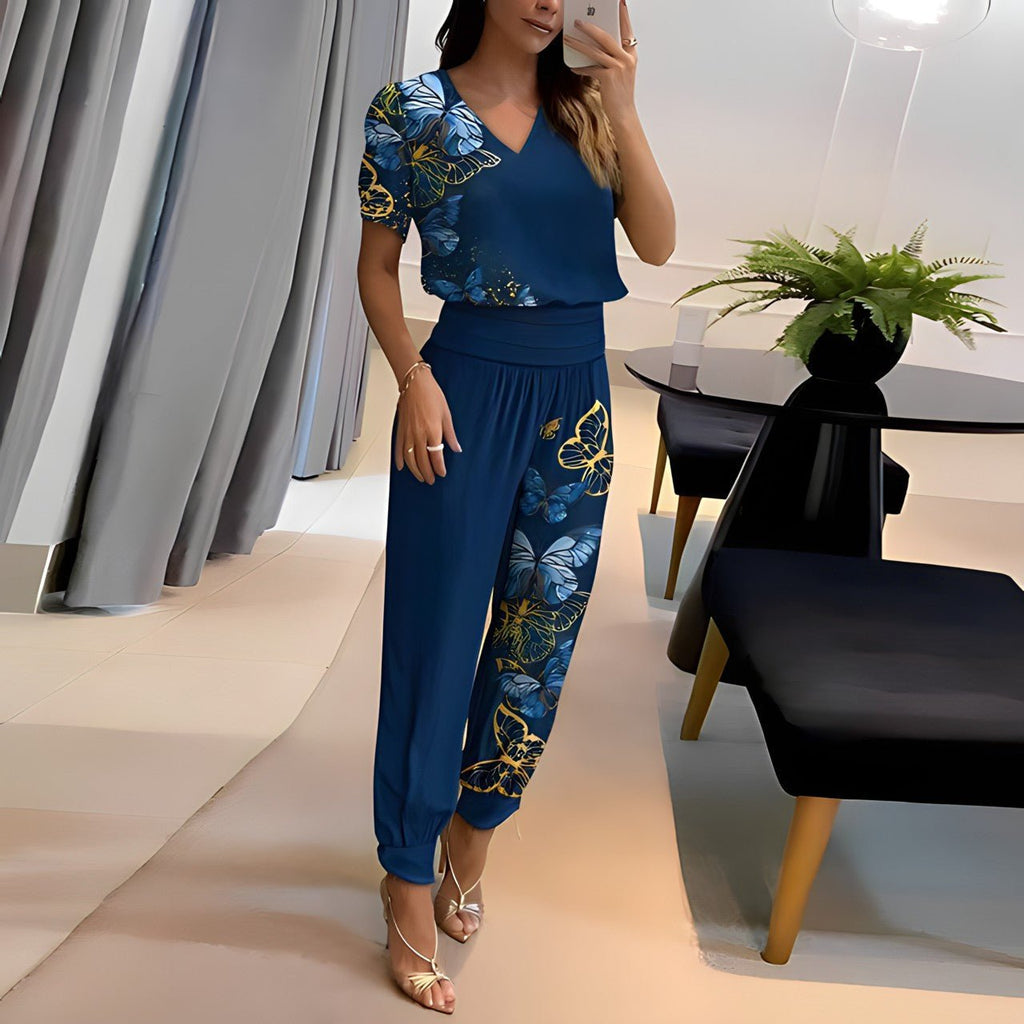 Women's V-Neck Short-Sleeve Wide-Leg Two-Piece Set - Blue