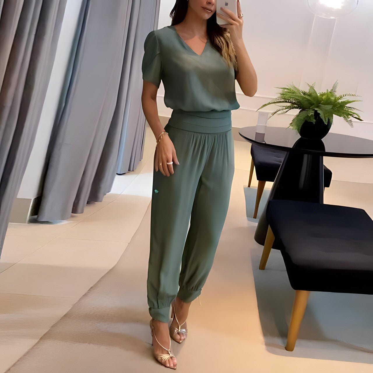 Women's V-Neck Short-Sleeve Wide-Leg Two-Piece Set - Olive Green