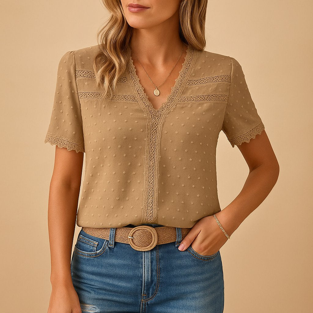 Women's V-Neck Textured Dot Lace-Trim Short-Sleeve Blouse - Khaki