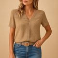 Women's V-Neck Textured Dot Lace-Trim Short-Sleeve Blouse - Khaki