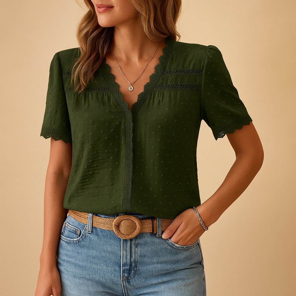 Women's V-Neck Textured Dot Lace-Trim Short-Sleeve Blouse - Army Green