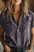 Women's Vintage Floral Cotton Short-Sleeve Button-Front Blouse