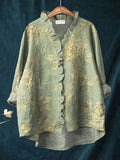 Women's Vintage Floral Linen Ruffle-Neck Blouse