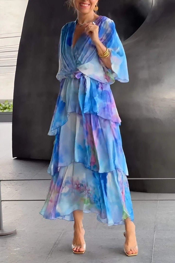 Women's Watercolor Floral Tiered Chiffon Midi Dress - Blue