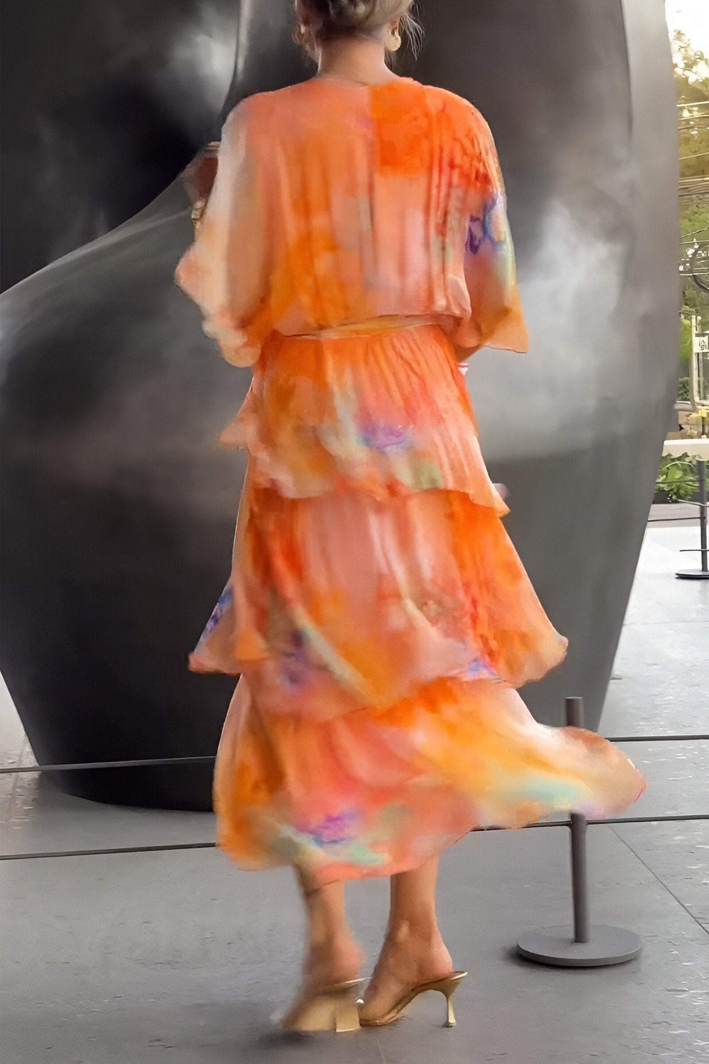 Women's Watercolor Floral Tiered Chiffon Midi Dress