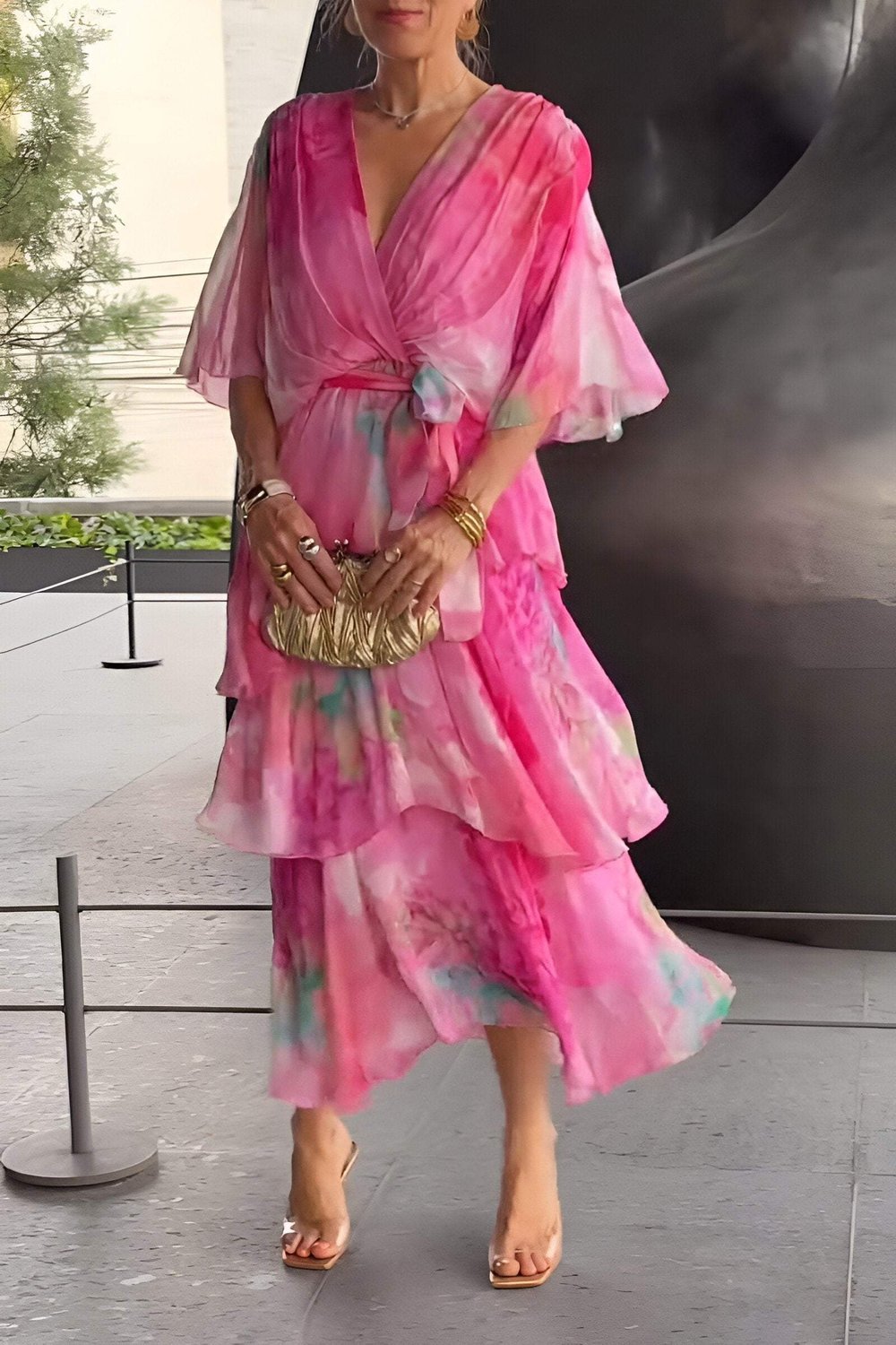 Women's Watercolor Floral Tiered Chiffon Midi Dress - Pink