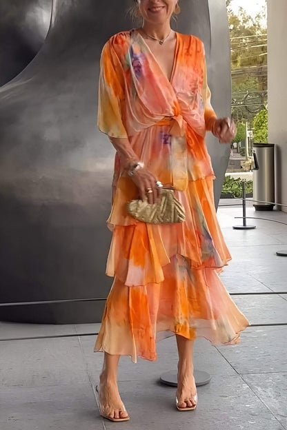 Women's Watercolor Floral Tiered Chiffon Midi Dress - Orange