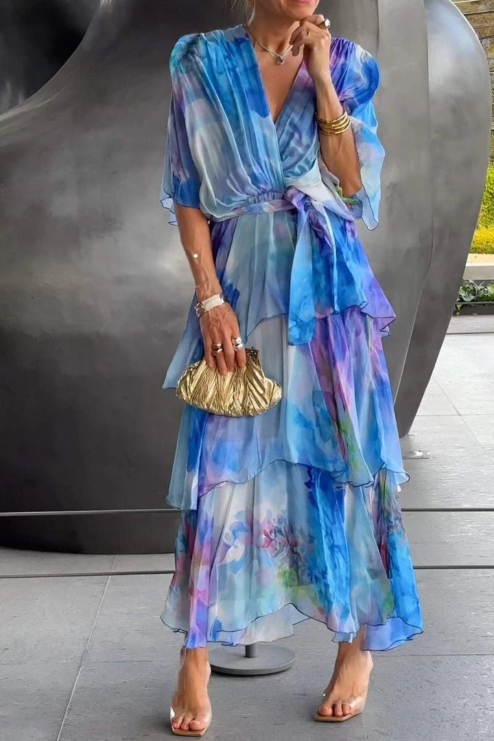 Women's Watercolor Floral Tiered Chiffon Midi Dress