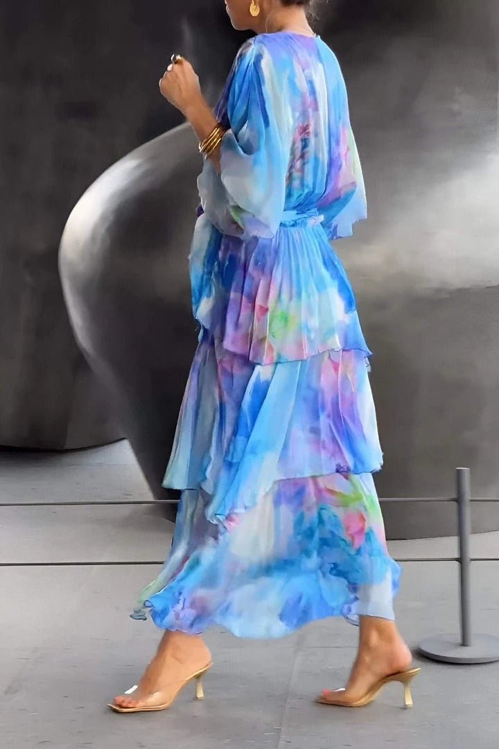 Women's Watercolor Floral Tiered Chiffon Midi Dress