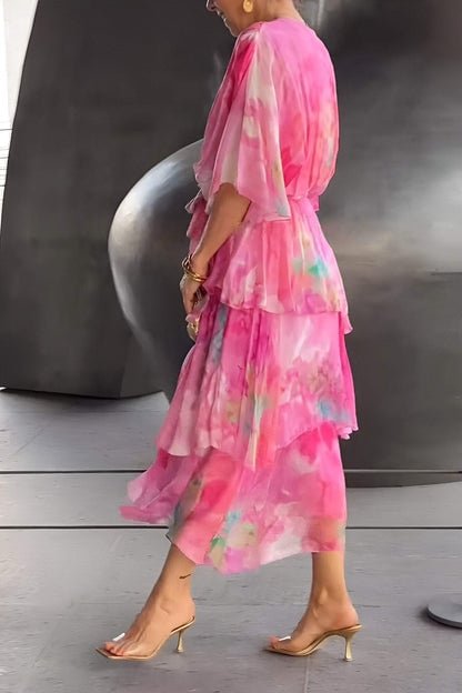 Women's Watercolor Floral Tiered Chiffon Midi Dress