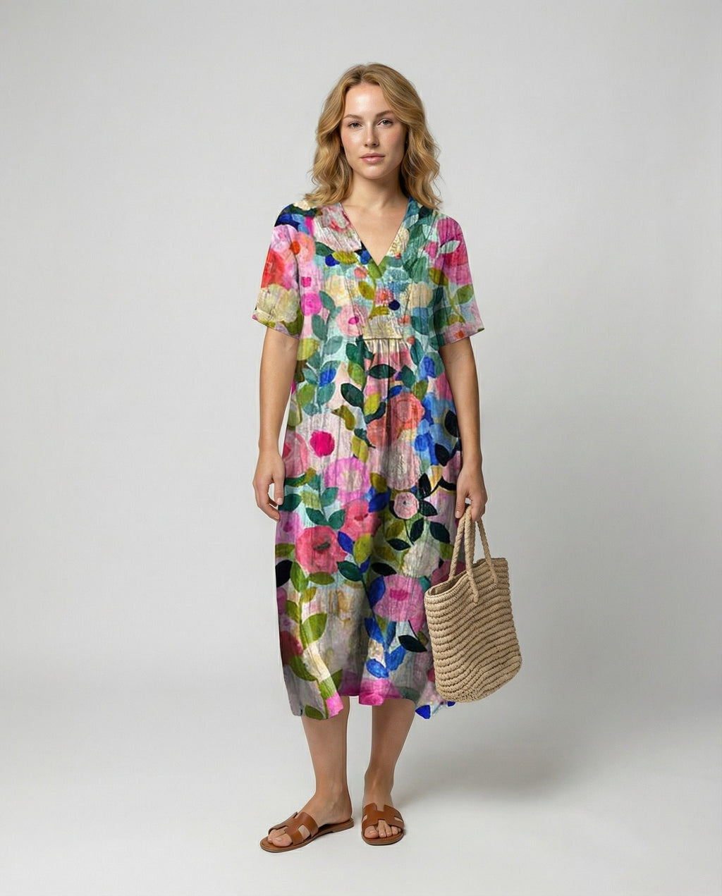 Women's Watercolor Floral V-Neck Linen Midi Dress Short Sleeves - Colourful Floral