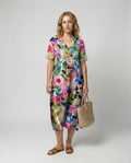 Women's Watercolor Floral V-Neck Linen Midi Dress Short Sleeves - Colourful Floral