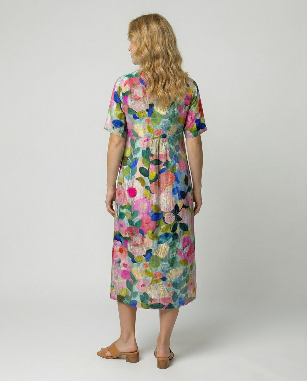 Women's Watercolor Floral V-Neck Linen Midi Dress Short Sleeves