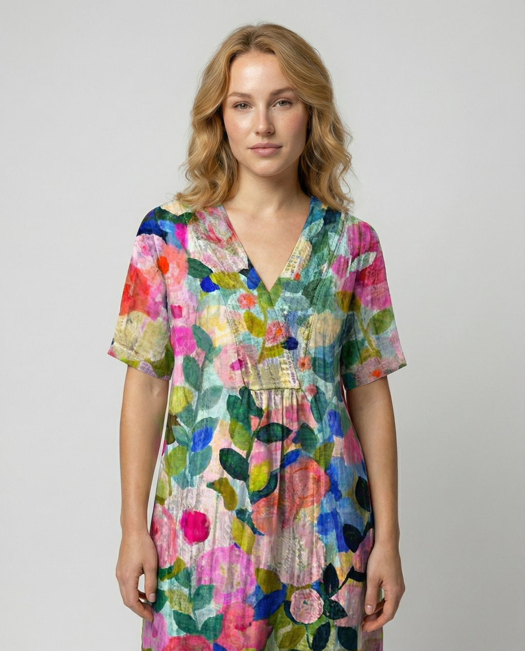 Women's Watercolor Floral V-Neck Linen Midi Dress Short Sleeves