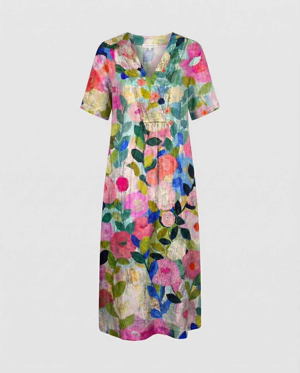 Women's Watercolor Floral V-Neck Linen Midi Dress Short Sleeves