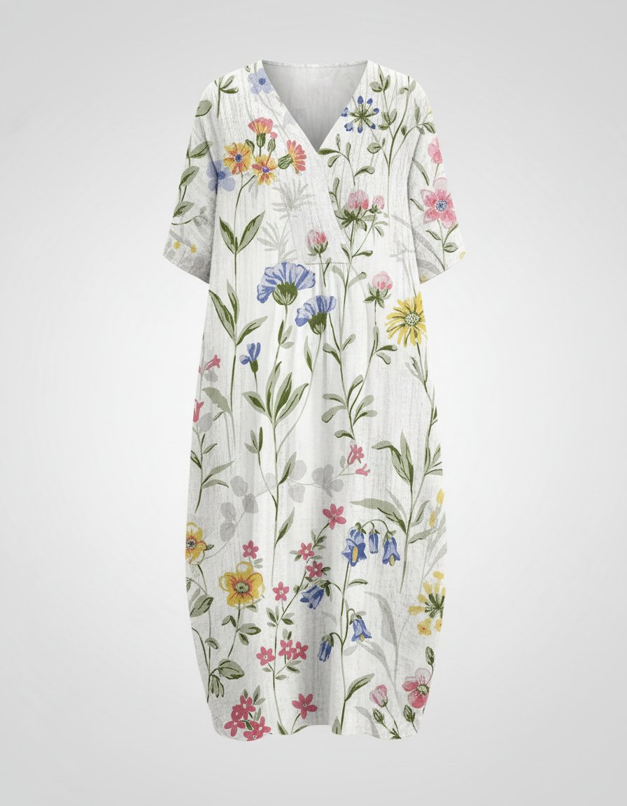 Women's Watercolor Floral V-Neck Linen Midi Dress Short Sleeves - White