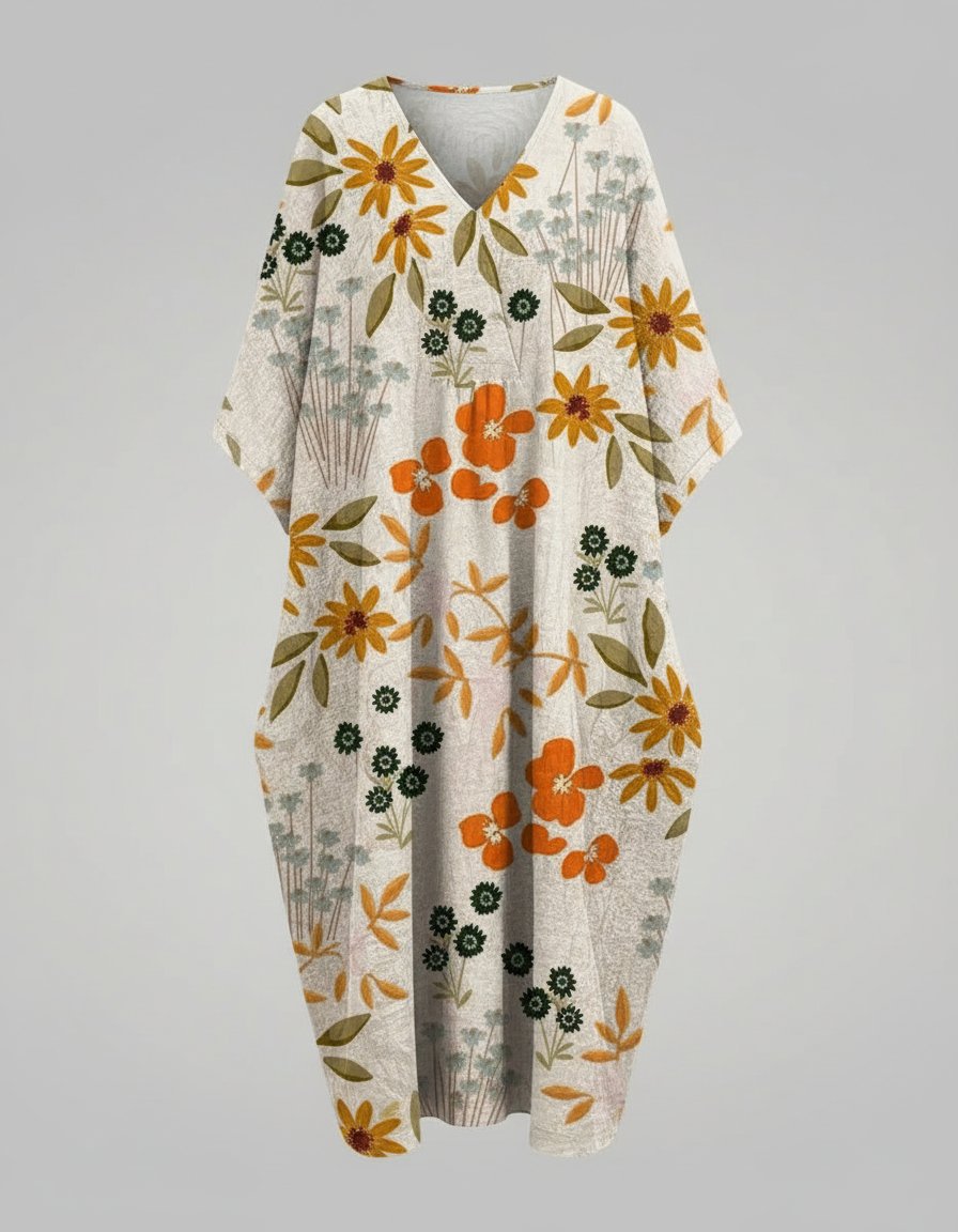 Women's Watercolor Floral V-Neck Linen Midi Dress Short Sleeves - Beige