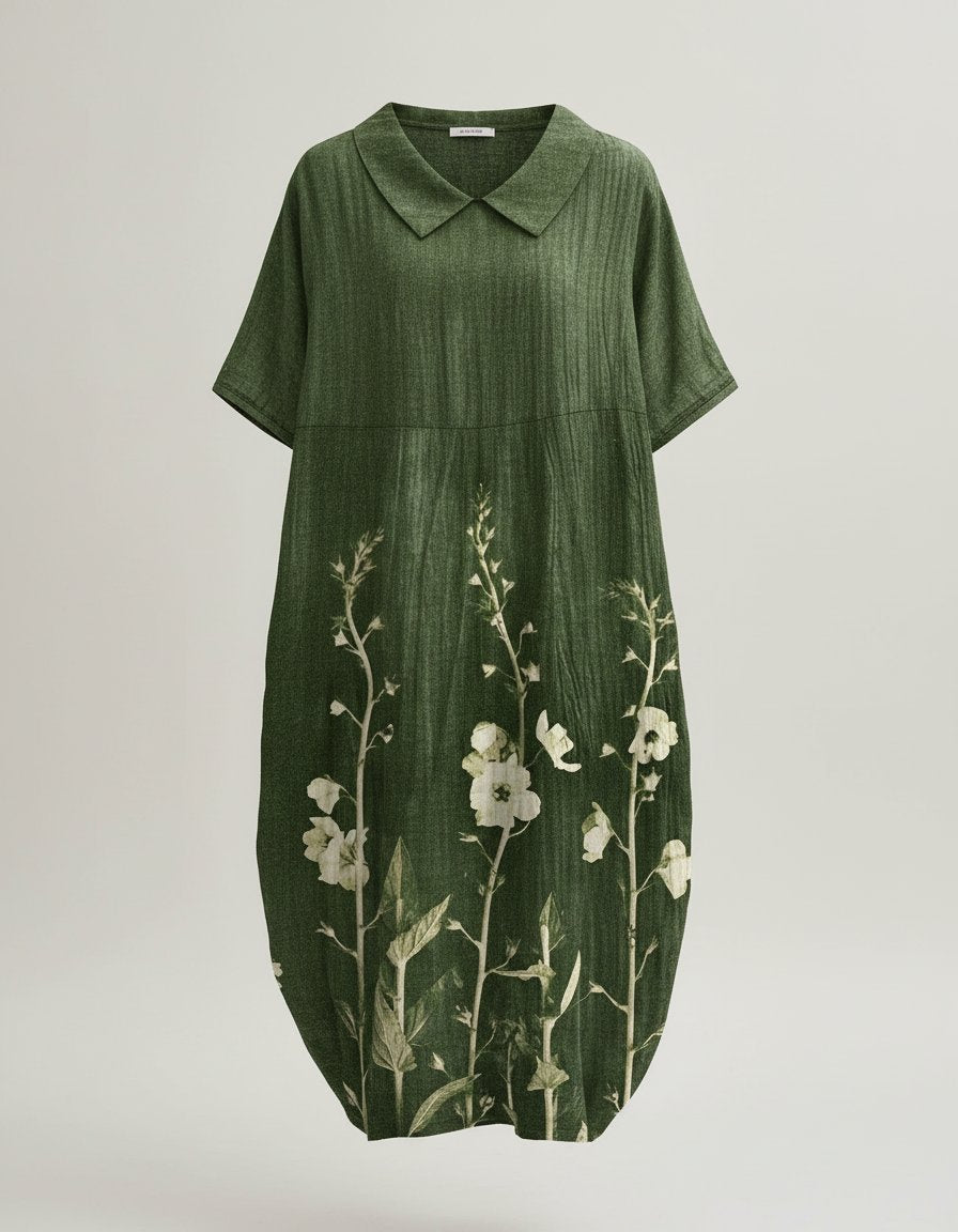 Women's Watercolor Floral V-Neck Linen Midi Dress Short Sleeves - Green