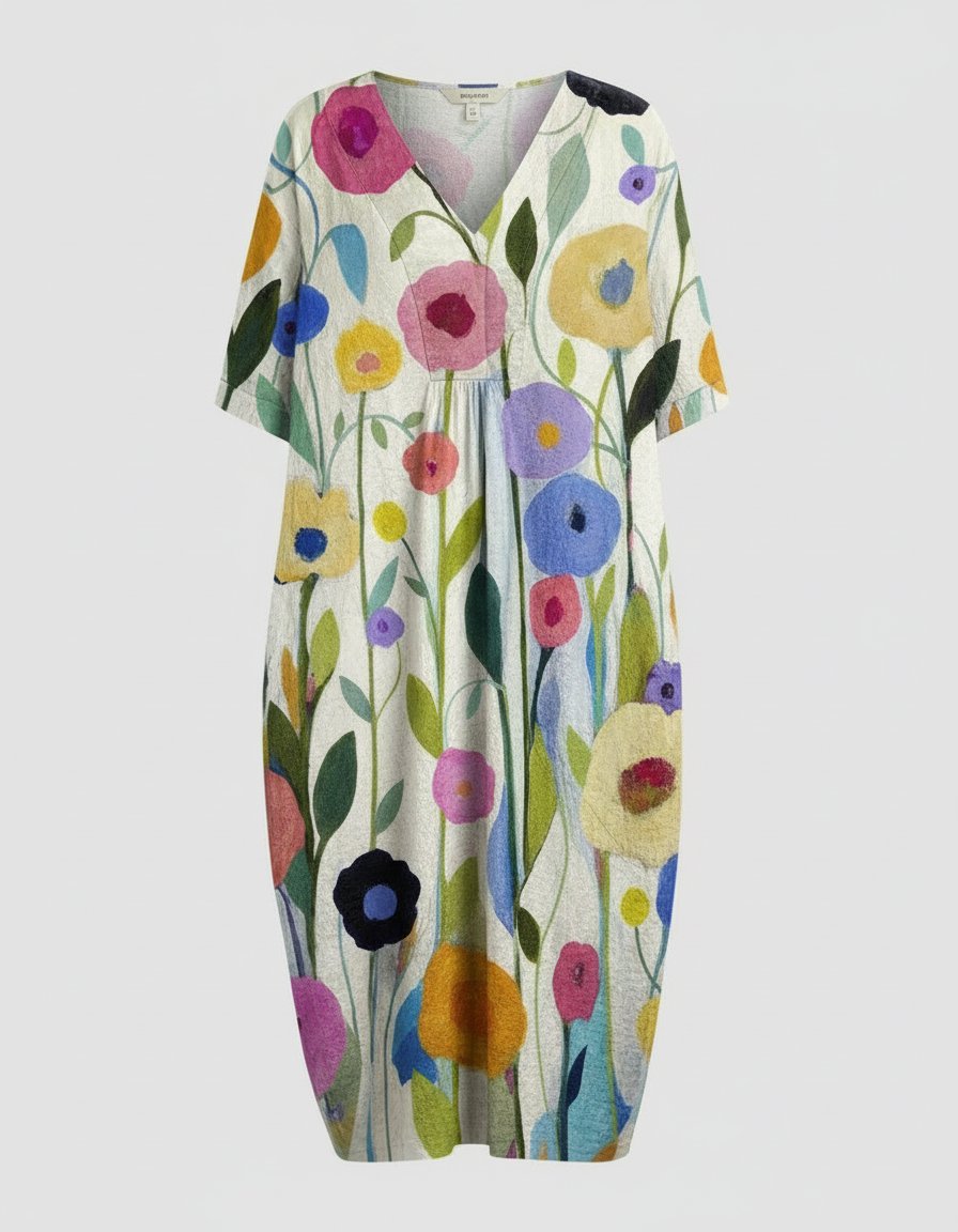 Women's Watercolor Floral V-Neck Linen Midi Dress Short Sleeves - Colourful Big Flower