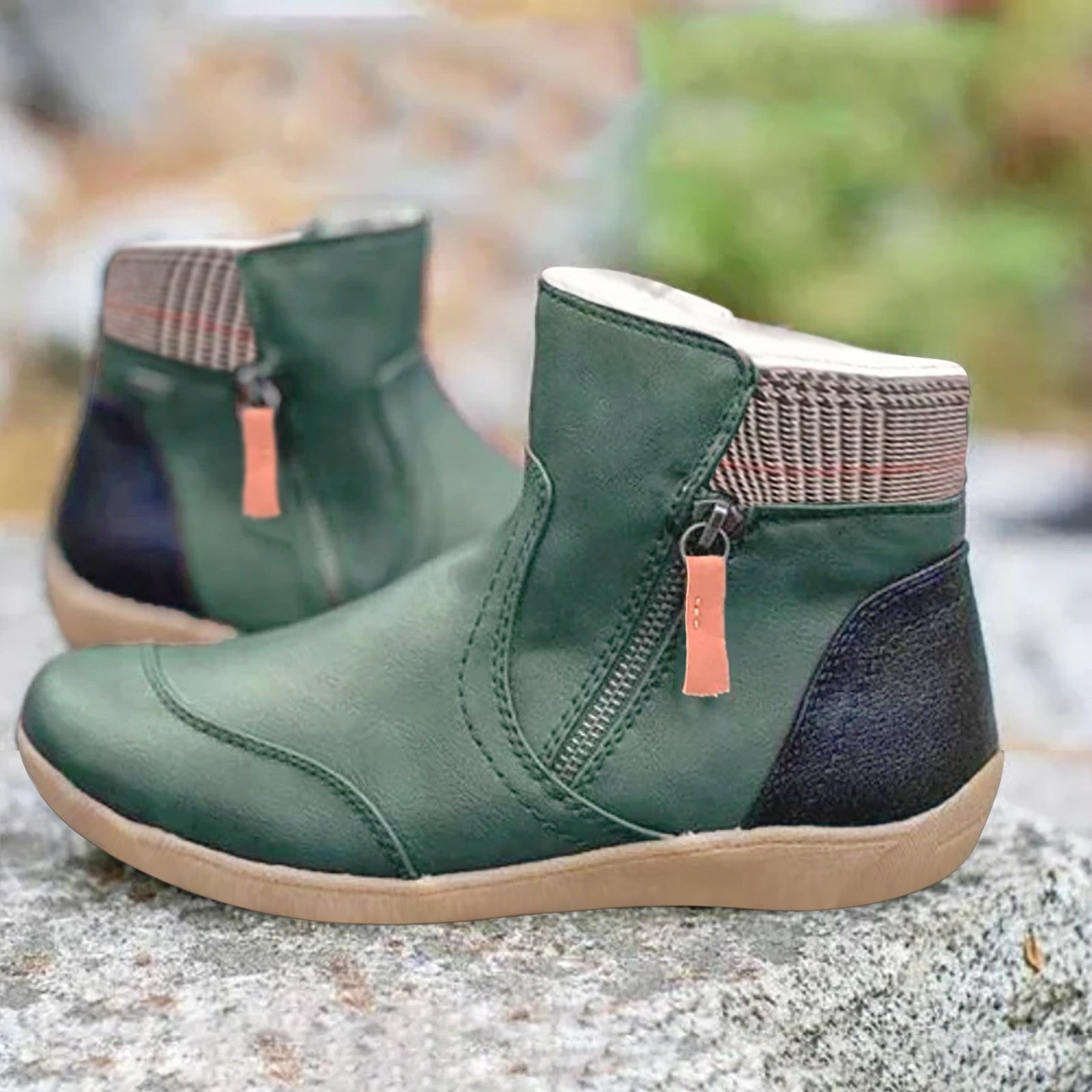 Women's Waterproof Boots Ankle Leather Zipper - Green