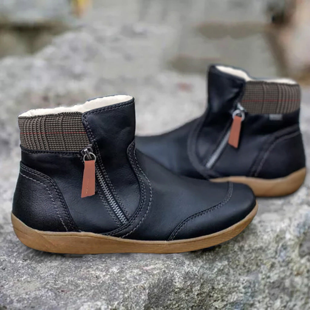 Women's Waterproof Boots Ankle Leather Zipper - Black