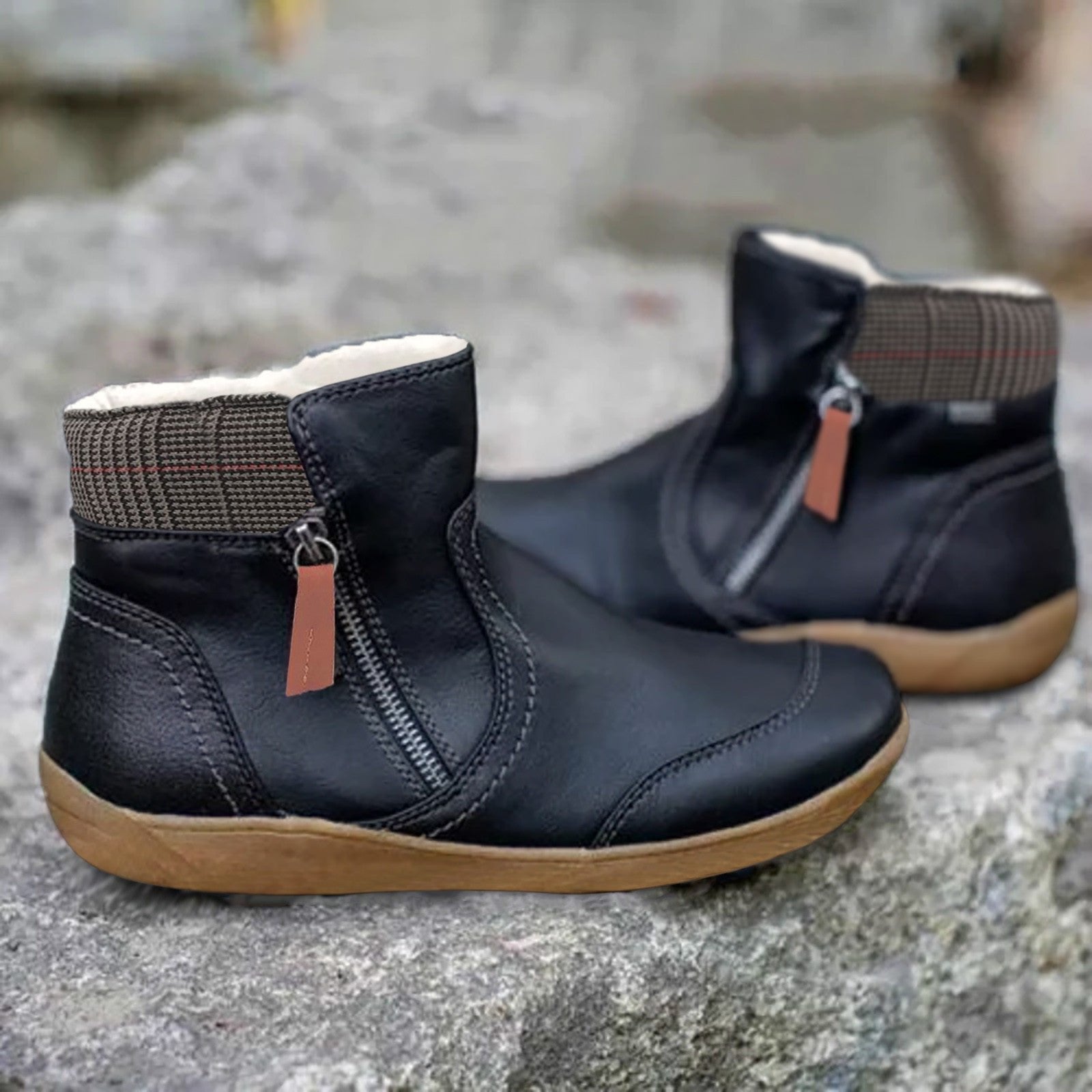 Women's Waterproof Boots Ankle Leather Zipper - Black