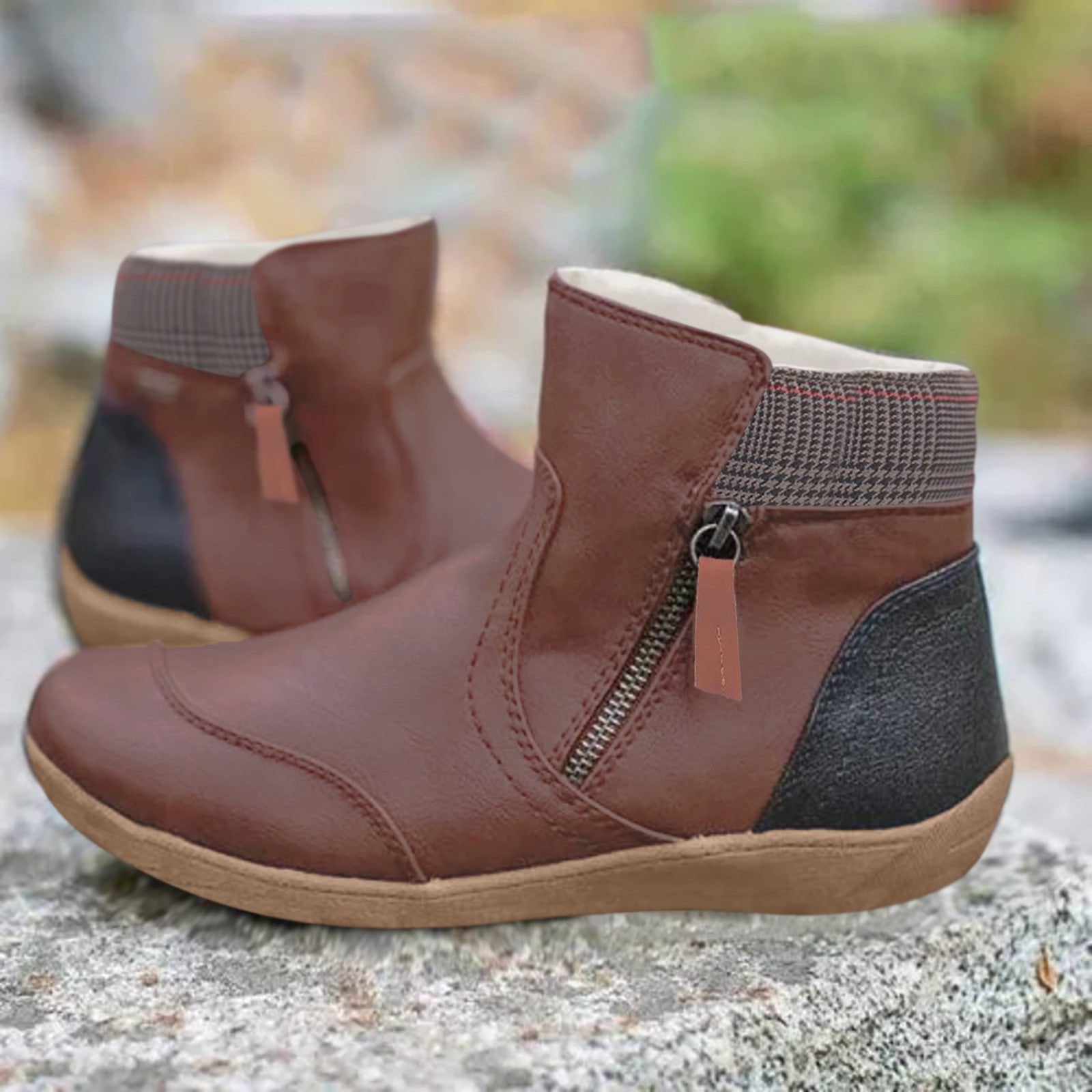Women's Waterproof Boots Ankle Leather Zipper - Brown