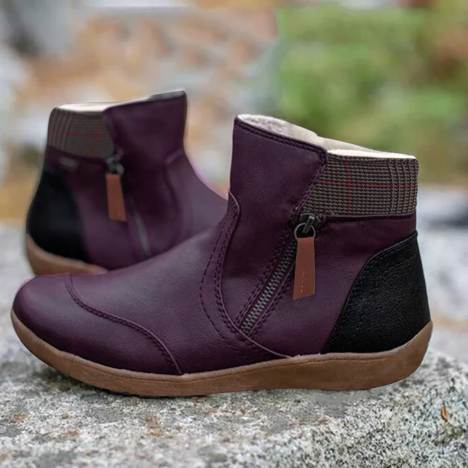Women's Waterproof Boots Ankle Leather Zipper - Purple
