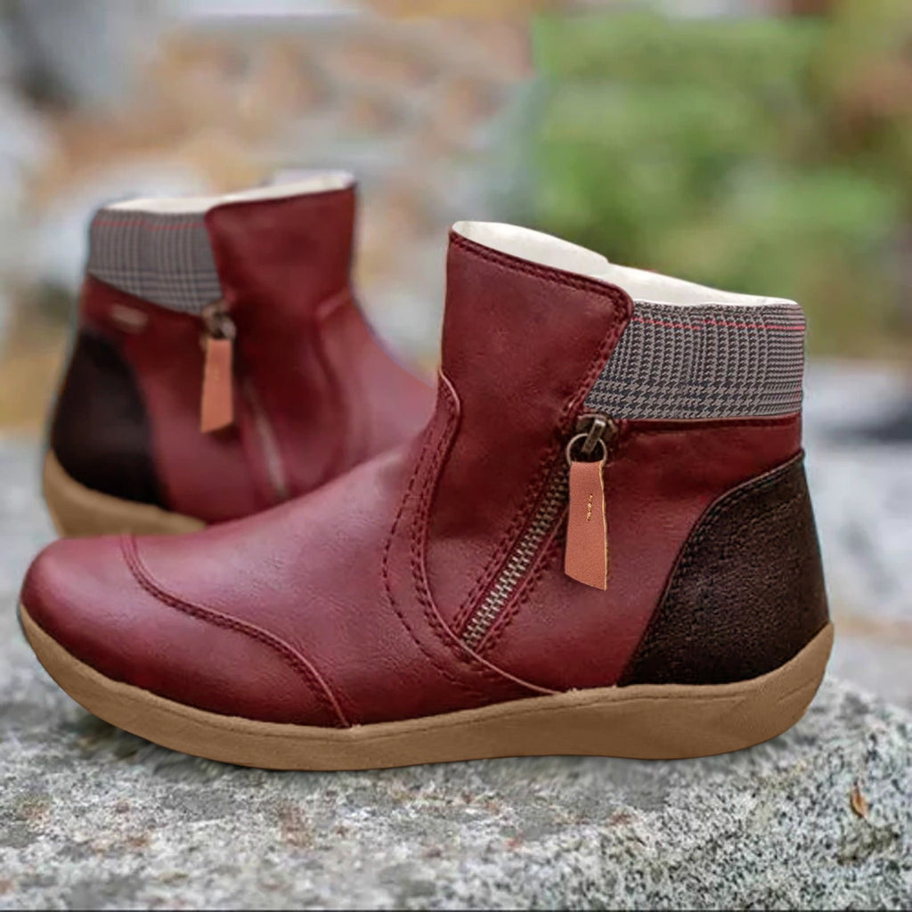 Women's Waterproof Boots Ankle Leather Zipper - Red