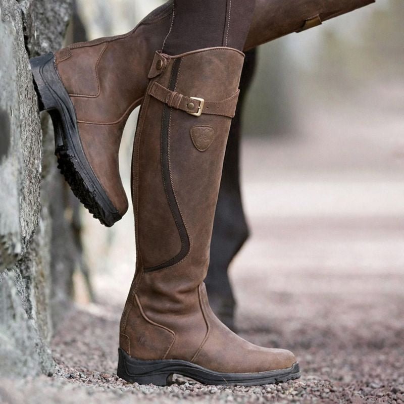 Women's Waterproof Boots Knee-High Buckle Detail - Dark Brown