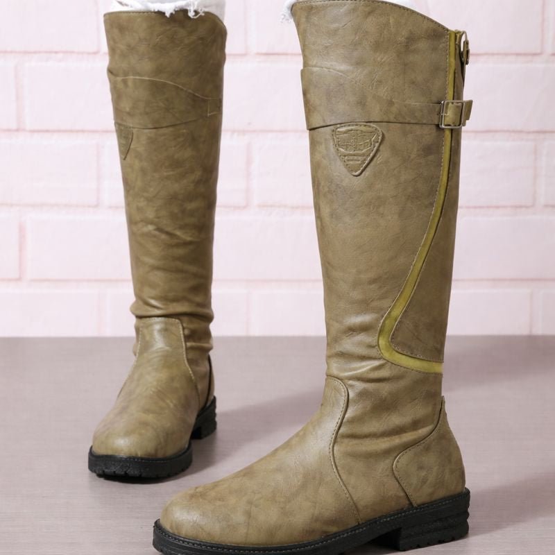 Women's Waterproof Boots Knee-High Buckle Detail - Green