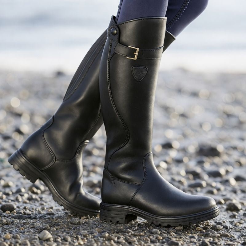 Women's Waterproof Boots Knee-High Buckle Detail - Black