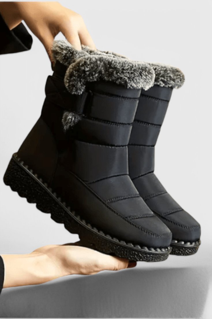 Women's Waterproof Boots Mid-Calf Fur-Lined Winter - Black