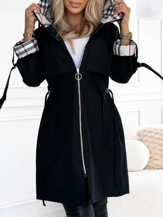 Women's Waterproof Windproof Hooded Zip Coat - Black