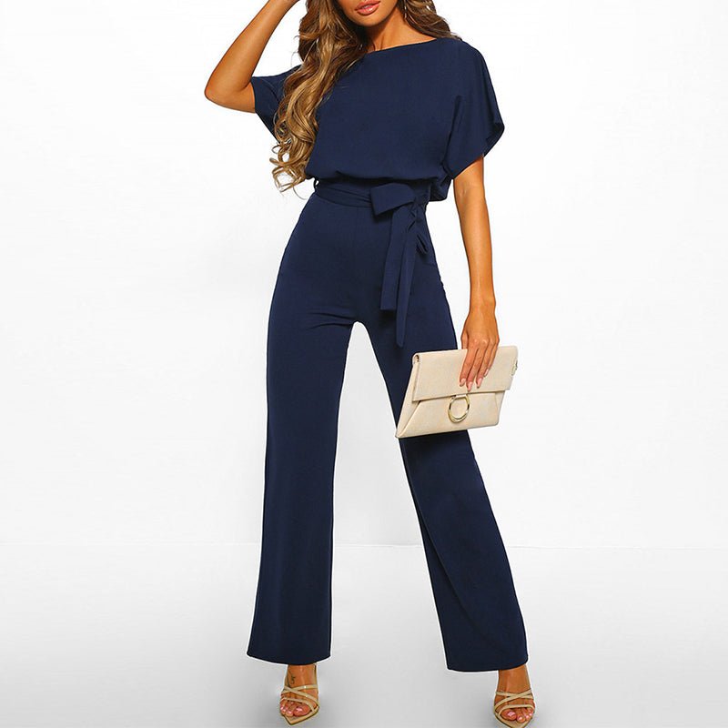 Women's Wide-Leg Belted Jumpsuit - Dark Blue